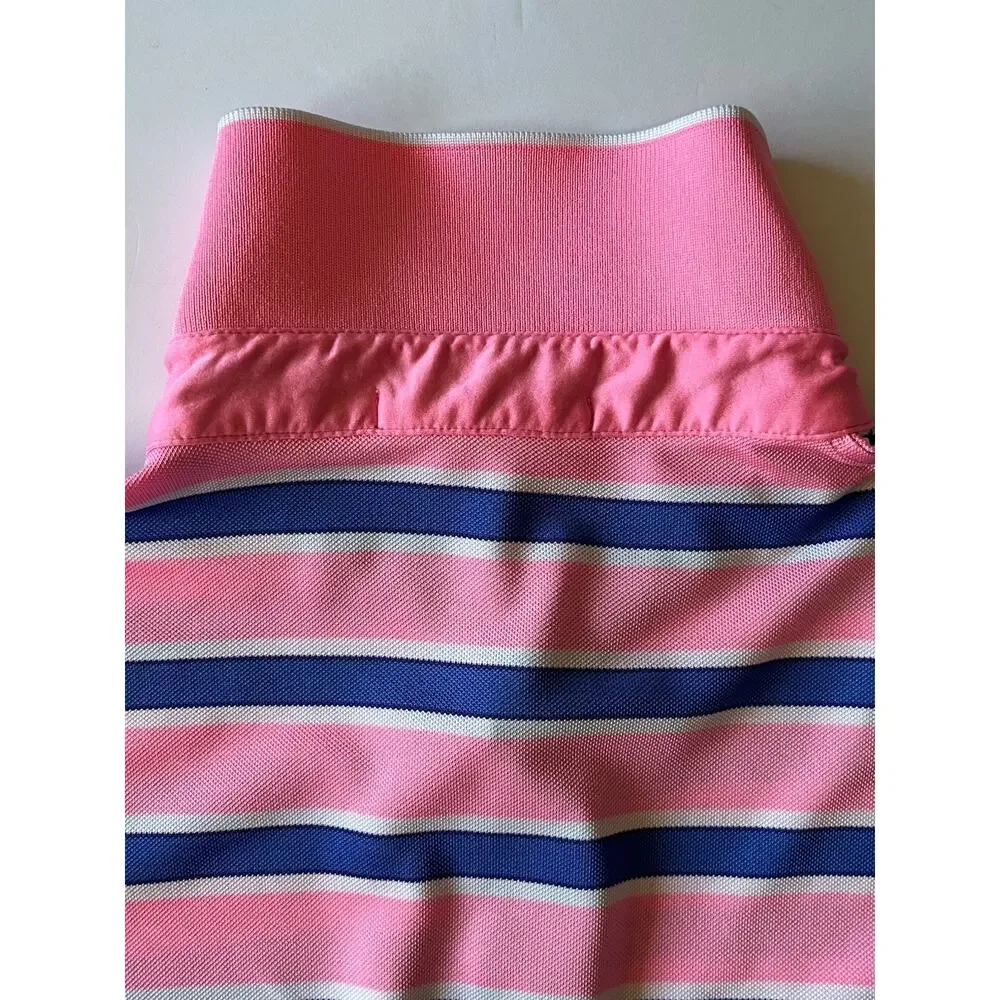 RLX Ralph Lauren Golf Polo Men L Pink Blue Wht Stripe Bear Mountain Performance